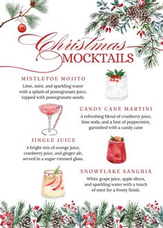 a christmas cocktail menu with pine cones, holly branches and red berries on the side