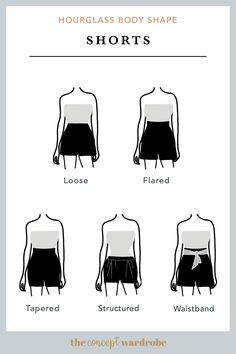 the concept wardrobe | A selection of great shorts styles for the hourglass body shape. High-waisted styles work best for this body shape. Hourglass Figure Outfits, Hourglass Outfits, Edit Photography, Types Of Shorts, Instagram Editor