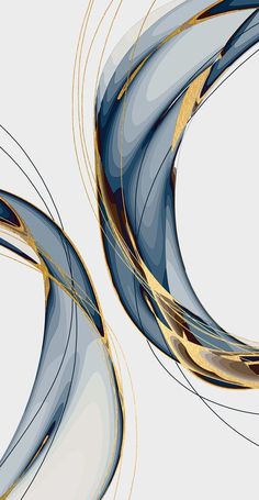 an abstract blue and white background with gold lines in the shape of swirls on top of each other