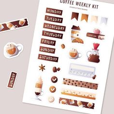 the coffee weekly kit includes stickers, magnets and other things to make it look like