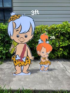 two cartoon characters standing next to each other in front of bushes and shrubbery, one with blue hair