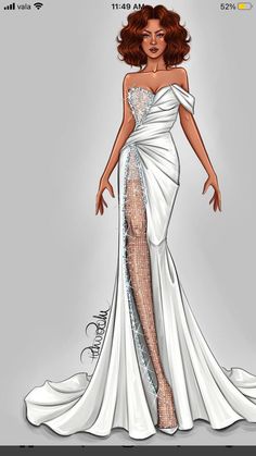 a drawing of a woman in a white dress with an open slit on the side