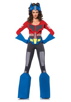 a woman in a costume that is wearing blue and red pants, with her hands on her hips