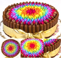 the cake is decorated with multicolored icing and has a gold ribbon around it