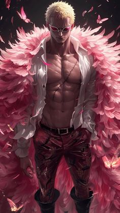 a man with big pink wings on his chest