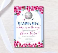 Mamma Mia Disco Baby Shower Invitation! It's an INSTANT DOWNLOAD - Access your template within minutes of purchase using CANVA - A fully customizable template editor that allows you to personalize your printable directly in your web browser. No software to install or fonts to download. Download and print at home or with a professional service/local print shop. Save on paper and postage and send via text or email. HOW IT WORKS: 1) After placing your order, Etsy will send you an email with a PDF,