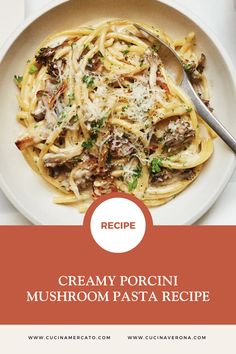 creamy porcinii mushroom pasta recipe on a white plate with a red border around it