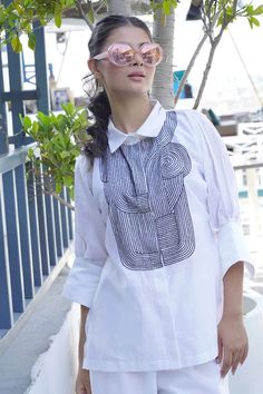 White shirt embroidered with cutdana in geometric abstract pattern. - Aza Fashions Geometric Abstract Pattern, Line Abstract, Evening Outfits, Clothing Line, Geometric Abstract, Shirt For Women, Embroidered Shirt, Shirt Pattern, Aza Fashion