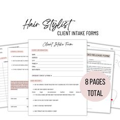 three pages with the text hair stylist client intake forms