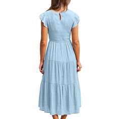 Light Blue Ruffled Sleeve Pleated Layered Casual Dress Light Blue Short Sleeve Maxi Dress With Ruffles, Light Blue Maxi Dress With Ruffles And Short Sleeves, Casual Light Blue Midi Dress With Ruffles, Light Blue Tiered Midi Dress For Brunch, Light Blue Tiered Midi Dress, Women Dresses Casual, Casual Dress Women, Women Dresses, Dresses Casual