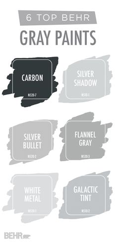 six different shades of gray paint are shown in this graphic style, with the names and colors