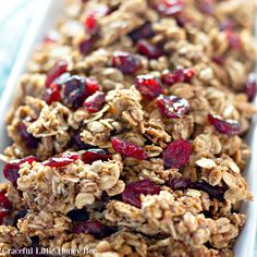 granola with cranberries and nuts in a white dish