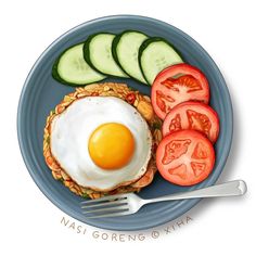 an egg, tomatoes and cucumbers are on a blue plate with a fork