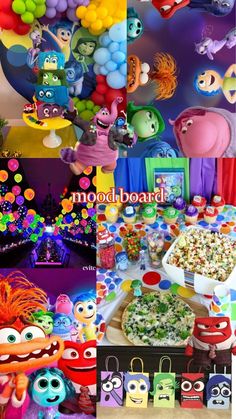 this is a collage of images with different foods and decorations on it, including balloons