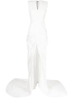 white silk blend gathered detailing draped design V-neck sleeveless front slit fitted waistline fishtail train floor-length rear zip fastening White Drape Dress, Gown White, White Drapes, Drape Dress, Designer Drapes, Draped Dress, Long Gown, White Silk, Floor Length