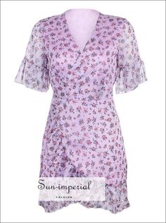 Sun-Imperial Material:Chiffon Silhouette:Fit and Flare Age:Ages 35-45 Years Old Season:Summer Neckline:V-Neck Sleeve Length(cm):Short Sleeve Style:Flare Sleeve Decoration:Ruffles Style:Bohemian Waistline:empire Pattern Type:Floral Dresses Length:Above Knee, Mini Dress:Irregular dress Color:Purple size:S/M/L/XL Occasion: :Any occasion Decoration:beach See size chart : https://sun-imperial.com/pages/size-chartSizing advice :Most items run small ( discluding swimsuits and shoes) - If you are not su Leisure Wear Women, Elegant Wrap Dress, V Neck Dresses, Chiffon Wrap Dress, Leaf Skirt, Dresses Ladies, Floral Rosa, Chiffon Wrap, Mini Sundress