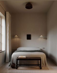 a bed sitting in a bedroom next to a window with two lamps on each side