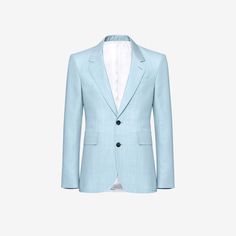 Spring Slim Fit Blazer For Tailoring, Classic Slim Fit Sport Coat For Spring, Light Blue Notch Lapel Outerwear With Pockets, Spring Classic Slim Fit Sport Coat, Spring Wool Suits With Concealed Placket, Light Blue Notch Lapel Blazer For Business Casual, Slim Fit Formal Blazer For Spring, Spring Wool Suits With Welt Pockets, Formal Slim Fit Blazer For Spring