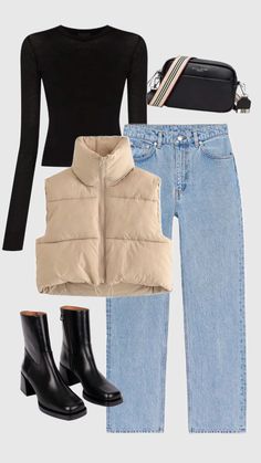 long sleeve + puffer vest + blue jeans + black boots + purse Blue Jeans Black Boots, Puffer Vest Outfit Winter, Long Boots Outfit Winter, Black Puffer Vest Outfit, Long Boots Outfit, Winter Boots Outfits, Purse Outfit