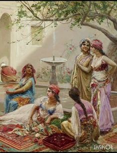 a painting of some women sitting on the ground