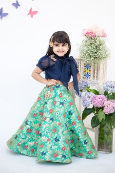 Kids Lehenga: Girls Dark Blue Organza Top With Brocade Lehenga | Perfect Panache Traditional Green Skirt Set For Party, Festive Blue Party Skirt, Blue Festive Floor-length Sets, Bollywood Blue Skirt Set For Festive Occasion, Blue Bollywood Skirt Set For Festive Occasions, Traditional Blue Skirt Set For Wedding, Bollywood Blue Festive Skirt Set, Floor-length Blue Party Sets, Festive Fitted Blue Skirt Set