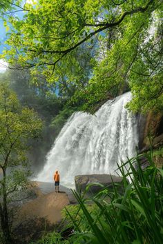 a person standing in front of a waterfall