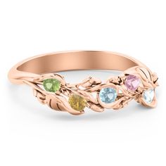 10K Rose Gold Organic Leaf Five Stone Family Ring | Jewlr Family Ring Designs, Family Ring, Birthstone Rings, Family Rings, Mother Rings, Sparkling Rings, Ring Ideas, Birthstone Ring, Ring Designs