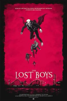 the lost boys movie poster with an image of two men flying in the air and one man