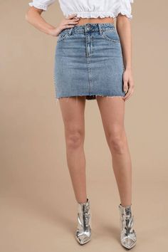 Studded Denim Skirt Edgy Denim Mini Bottoms, Edgy Denim Mini Length Bottoms, Edgy Fitted Denim Skirt With Frayed Hem, Edgy High Rise Denim Mini Skirt, Edgy Mini Length Denim Bottoms, Edgy Mini Denim Skirt, Edgy Mid-rise Denim Mini Skirt, Edgy Mini Length Denim Skirt, Edgy Denim Cutoff Mini Skirt