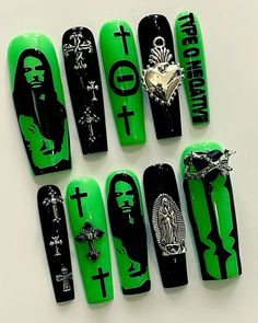 Type O Negative Nail Art, Silent Hill Nails, Type O Negative Nails, Mall Goth Nails, Long Goth Nails, Slipknot Nails, Emo Nail Designs, Scene Nails Emo, Sb Nails