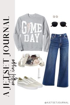 Need the perfect game day outfits cold weather look? These cozy and stylish ideas have you covered! Pair a graphic crewneck with game day outfits jeans, trendy sneakers, and finish off with a clear bag. These game day outfits for women winter are perfect for staying warm while looking chic. Ideal for football games or any outdoor event! Game Day Winter Outfit, Game Day Outfit Cold Weather, Game Day Outfits For Women, Game Day Outfit Cold, Basic Girl Outfits, Day Winter Outfit, Basic Girl Outfit, Jeans And Vans, Basic Girl