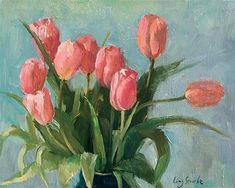 a painting of pink tulips in a blue vase