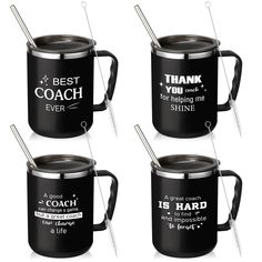 three black coffee mugs with the words best coach and thank you for helping me shine