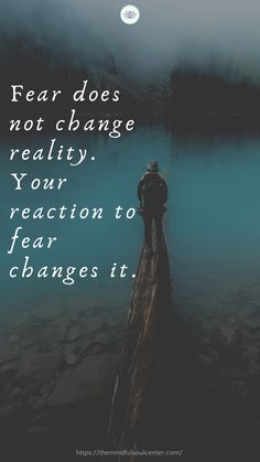 a person standing on top of a wooden pier in the water with a quote above it that reads, fear does not change reality your reaction to fear changes