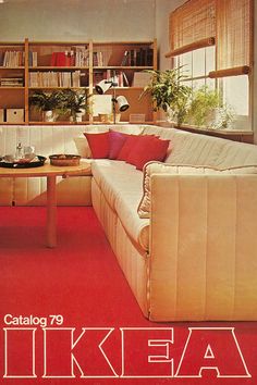 an advertisement for ikea furniture in a living room with red carpet and bookshelves