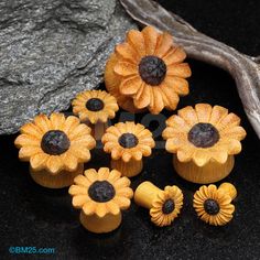 some yellow flowers are sitting on a black surface next to rocks and driftwood sticks