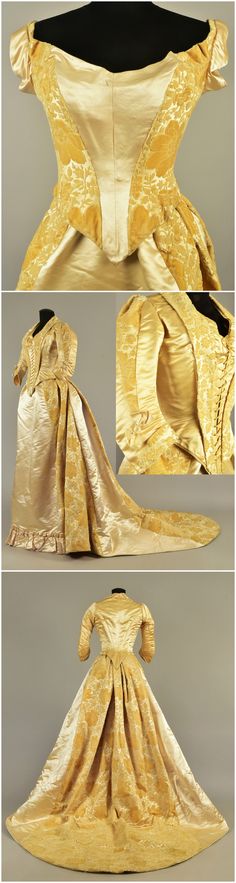 Gown with two bodices, belonged to Queen Louise of Denmark, 1885. Pale gold and ivory velvet cut to cream satin with satin trim, front-lacing dinner bodice having 3/4 cuffed sleeve with bow detail, deep front and back points, sleeveless back-lacing ball bodice, trained skirt with self ruffle to the satin front panel, entire skirt hem backed with lace ruffle. Petersham label "Mode Bazar, Gerson & Co. Berlin". Helen Larson Historic Fashion Collection, via Whitaker Auction. Ball Gown Sleeves, Gown Sleeves, 1800s Clothing, Historical Gowns, Vintage Attire, Bustle Dress, Victorian Costume