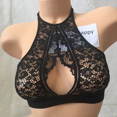 Nwt. Wireless Partially Lined Low-cut Black Bra, Black Low-cut Partially Lined Bra, Black Partially Lined Low-cut Bra, Black Lace Bra For Night Out, Black Low-cut Bra For Night Out, Low-cut Black Bra For Night Out, Stretch Lace Bra For Party, Fitted Black Bra For Club, Party Lace Stretch Bra