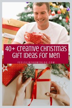 a man holding a present box with the words 40 creative christmas gift ideas for men