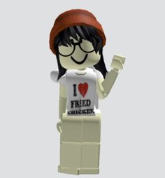 a lego character with glasses and a red hat holding up a sign that says i love fried chicken