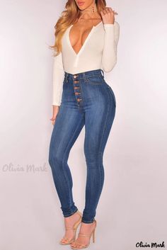 Olivia Mark - Premium Womens High-Waisted Skinny Stretch Denim Jeans - Blue/Black featuring Elegant Solid Buttons Jeans Female, Street Jeans, Sport Style, Hipster Fashion, Pencil Pants, Washed Denim, Denim Trousers, Trouser Jeans, High Waisted Denim