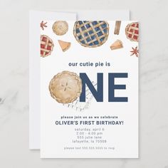 a birthday party card with pies and stars on the front, in blue ink