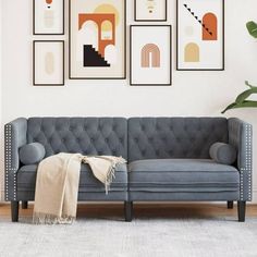 a living room with pictures on the wall and a gray couch in front of it