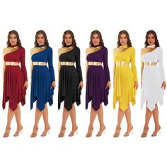 six women in different colored dresses standing next to each other