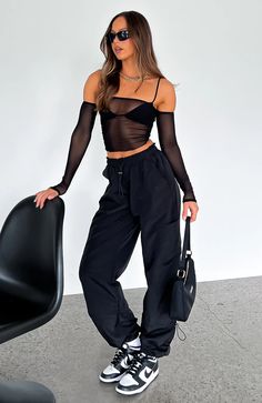 Never Blend In Cargo Pants Black | White Fox Boutique USA Festival Outfits Long Sleeve, Festival Outfits Parachute Pants, Black Cargo Pants Festival Outfit, Rave Outfits Cargo Pants, Festival Outfits Cargo Pants, Black Cargo Parachute Pants Outfit, Festival Cargo Pants Outfit, Black Drawstring Pants Outfit, Festival Outfits Pants