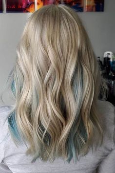 Periwinkle Highlights Blonde, Peekaboo Hair Color Blue And Blonde, Blue Tips Blonde Hair, Inverted Hair Color, Hidden Hair Color Blondes, Blonde Hair With Color Underneath Ideas, Blonde Highlights With Color, Blonde Hair With Turquoise Highlights