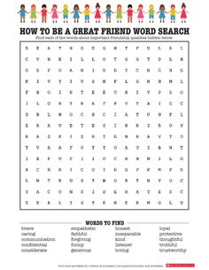 how to be a great friend word search printable worksheet for kids and adults