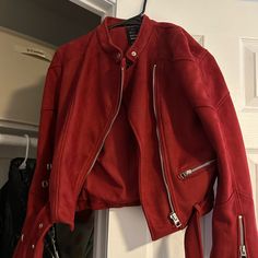 Only Worn Twice - In Basically Brand New Condition. A Bit Cropped. Comes Up To Around Hips On Me - I’m 5’2. All Zipper Work, No Stains. Casual Red Winter Biker Jacket, Red Casual Biker Jacket For Winter, Red Casual Long Sleeve Biker Jacket, Casual Red Long Sleeve Biker Jacket, Red Long Sleeve Biker Jacket For Fall, Fall Red Long Sleeve Biker Jacket, Zara Red Outerwear For Fall, Zara Fitted Biker Jacket, Zara Fitted Casual Biker Jacket