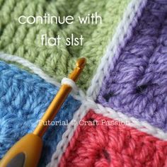 a crocheted blanket with a knitting needle on it and the words, continue with flat