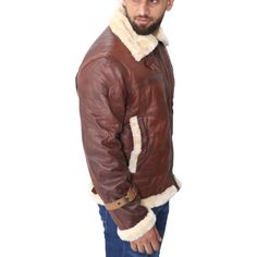 Product Specifications: External: Real Leather Internal: Soft Shearling Lining Collar: Shearling Lapel Collar Cuffs: Belted Cuffs Front: Zipper Fastening Pockets: Outside Pockets Color: Brown Shearling Leather Jacket For Cold Weather, Brown Leather Jacket With Fleece Lining, Shearling Leather Jacket With Fleece Lining, Sheepskin Leather Jacket With Fleece Lining, Sheepskin Leather Jacket With Fleece Lining And Long Sleeves, Winter Aviator Outerwear With Faux Fur Trim, Brown Aviator Winter Outerwear, Brown Aviator Fur Coat With Faux Fur Lining, Shearling Leather Jacket